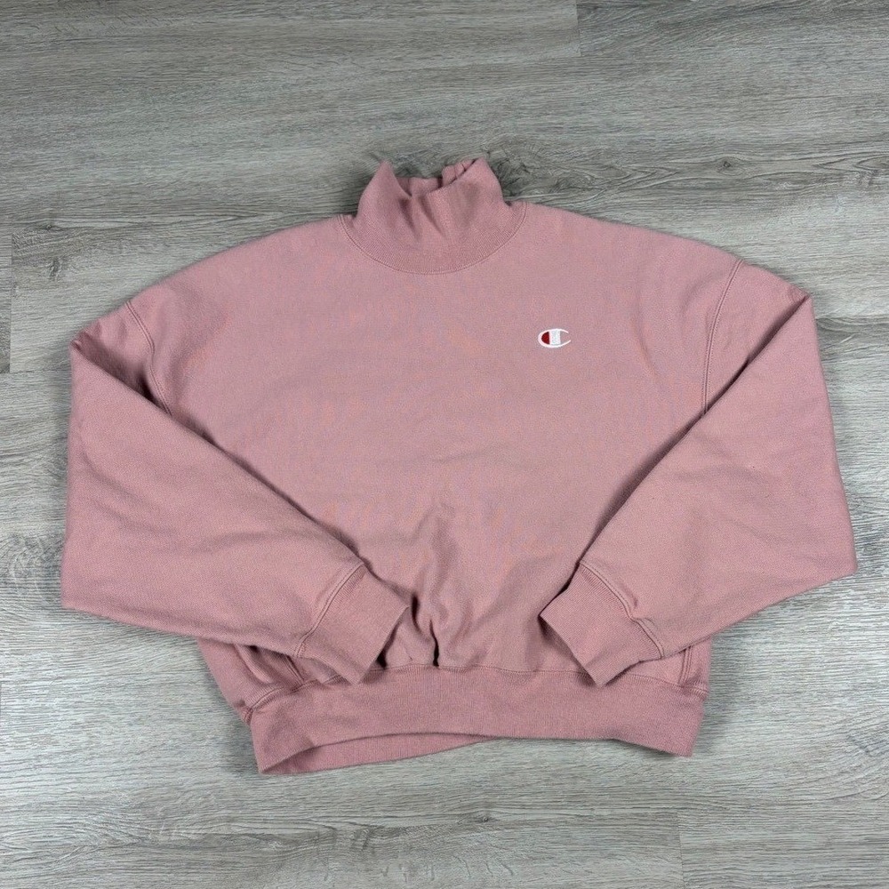 Champion Reverse Weave Mock Neck Cropped Sweatshirt Pink Small Womens